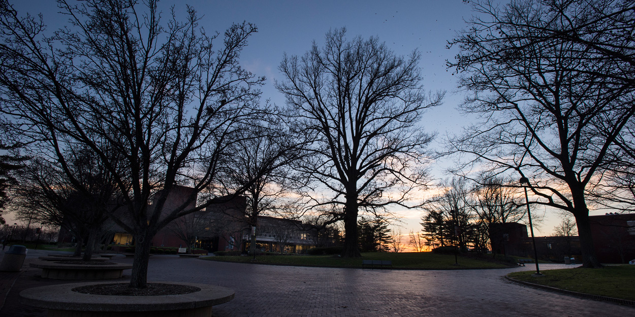 The SIUE Stratton Quadrangle facing southwest after after the sun has set behind the Morris University Center.