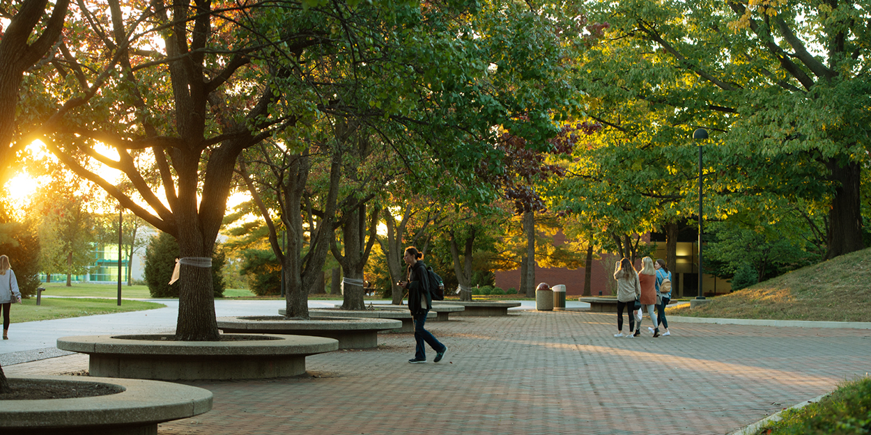 Students at SIUE walking on the Stratton Quadrangle during dusk. 