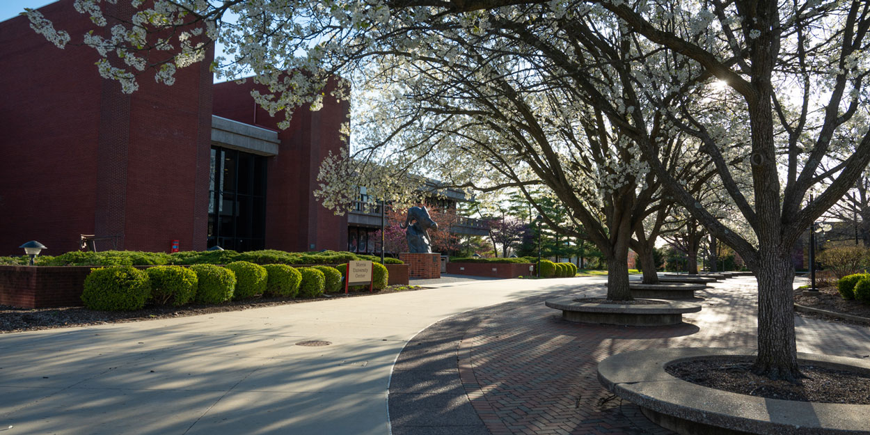 A student walking on the Stratton Quadrangle in front of Lovejoy Library in the afternoon at SIUE.