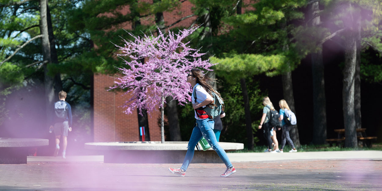 Students walking on the SIUE campus in front of the Lovejoy Library.