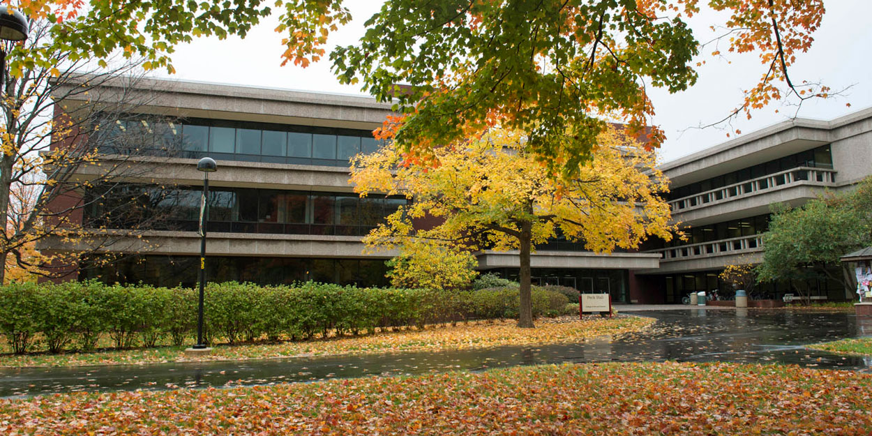 The western side of Peck Hall on a rainy day during October on the Campus of SIUE