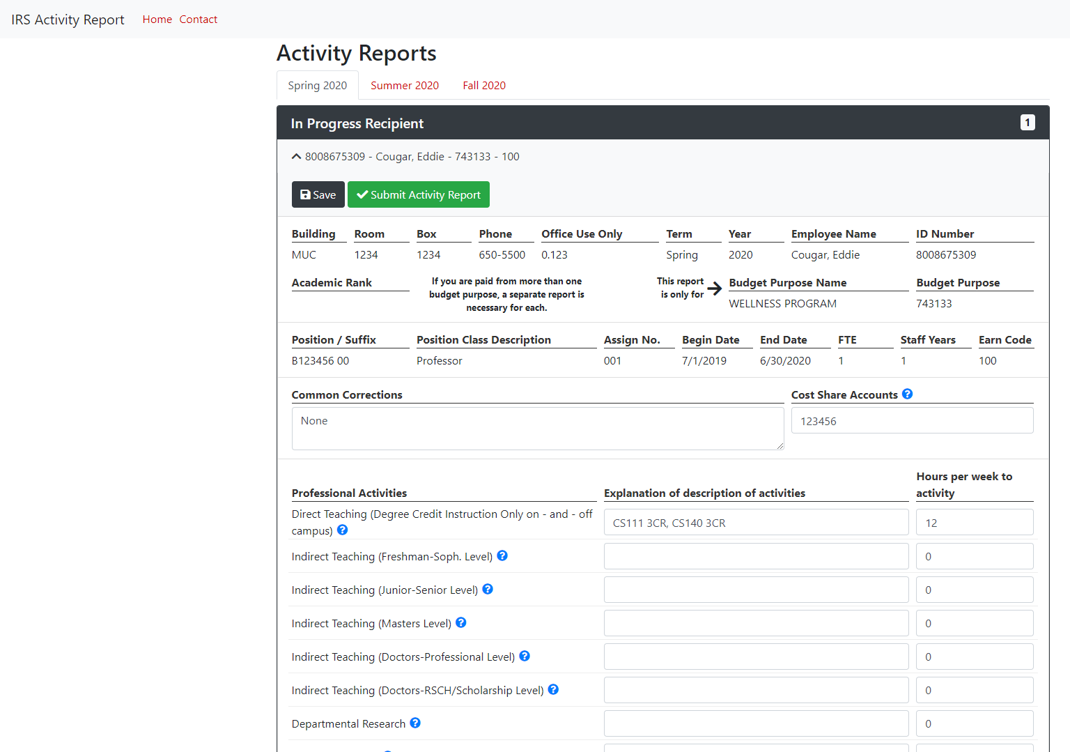 Activity Report Home Page