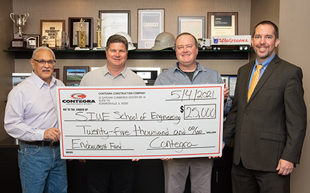 (L-R) Contegra Construction’s Project Executive Dennis Araujo, President Eric Gowin, COO Jim Mundy, and SOE Associate Dean Chris Gordon.