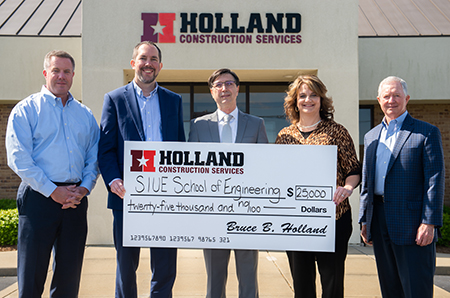 (L-R) Holland Construction Services President Mike Marchal, SOE Associate Dean Chris Gordon, SOE Dean Cem Karacal, SOE Development Director Lisa Smith, and Holland Construction Services CEO Bruce Holland.