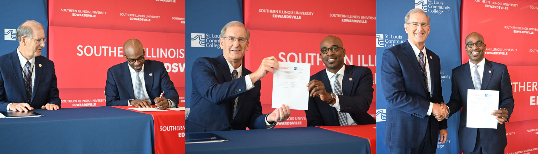 Three images of two chancellors signing agreement then holding it and then shaking hands