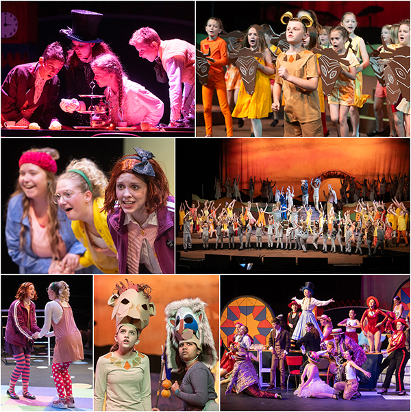 Collage of photos of children performing on stage in musicals while in costume