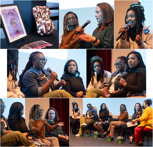 Collage of speakers on a panel on stage