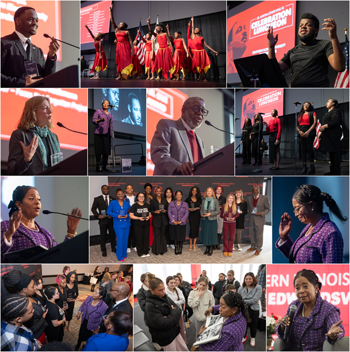 Composite graphic of 13 photos from the annual Dr. Martin Luther King Jr. event at SIUE featuring Abernathy and honorees