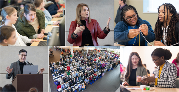 Composite photo collage of six images showcasing the Introduce a Girl To Engineering Day featuring students, the dean, and instructors