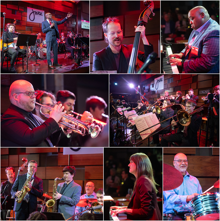 Collage of photos of jazz band on center stage