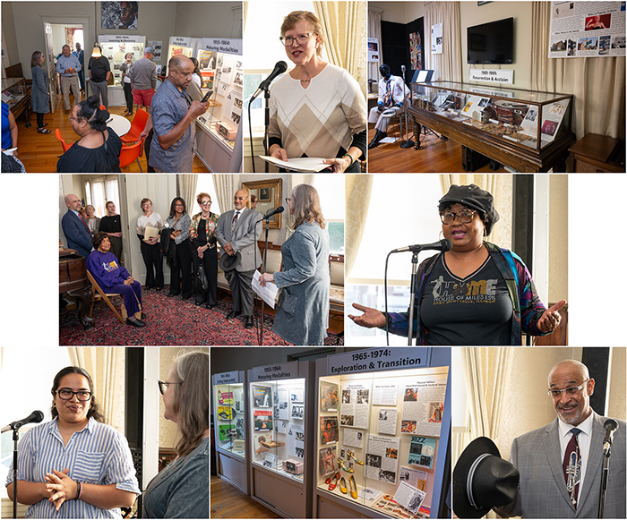 Photo collage of guests at historical society speaking about and admiring Miles Davis material