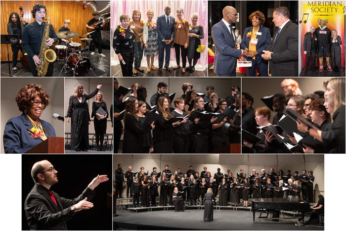 collage of 10 photos from the There Will Be light Concert including photos of the choirs musicians playing instruments and eddie the cougar