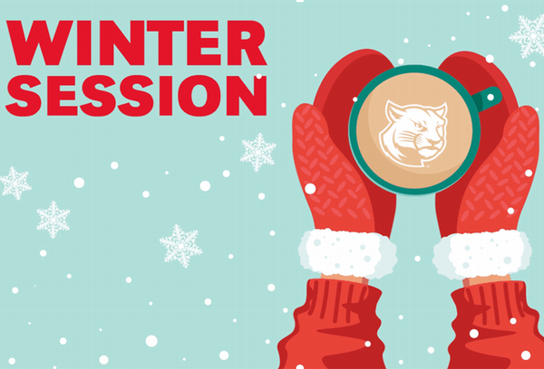 Graphic that says Winter Session with hands with mittens holding Cougar symbol