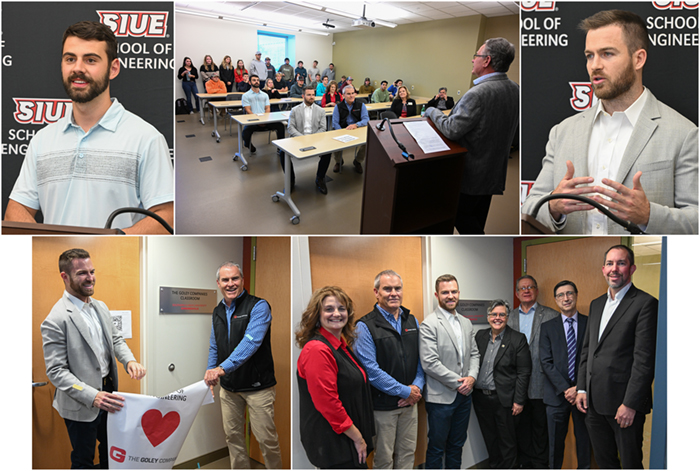 A collage of photos of faculty and Goley family surrounding room dedication sign outside of classroom