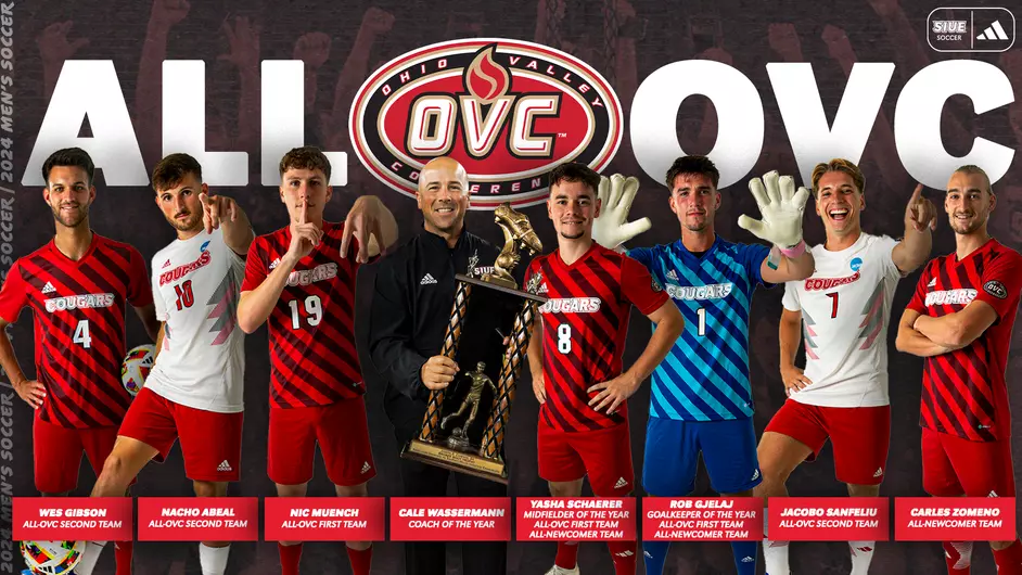 Graphic of individual mens soccer team members with All OVC text