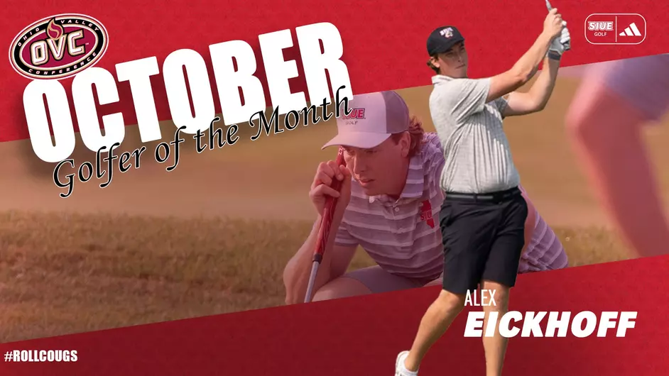 Graphic of Alex Eickhoff, photos show him finishing a stroke on a fairway on a sunny day